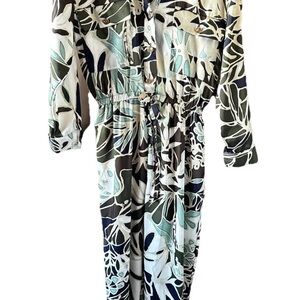 ZARA Tropical Print Long Sleeve Jumpsuit Womens S Green White Black Satin Effect